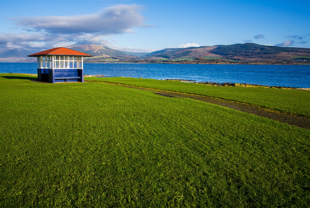 The blue and white shelter on the shore at Ardbeg, looking across to the Argyll hills