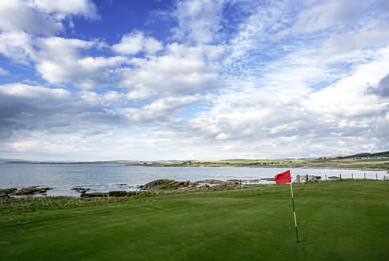 Green and red flag on a coastal golf course beside the sea on Bute