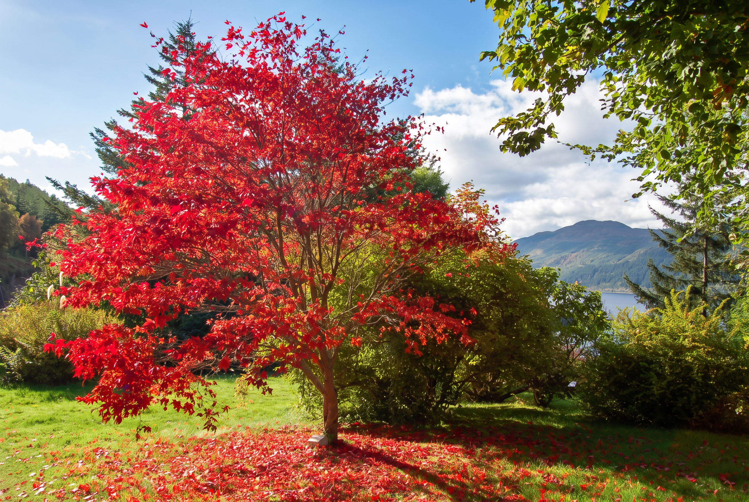 Red autumn maple in an island garden above the water