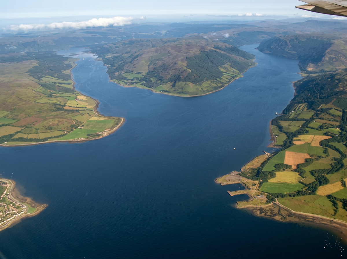 Aerial view of the Kyles of Bute and the island's farmland from the air