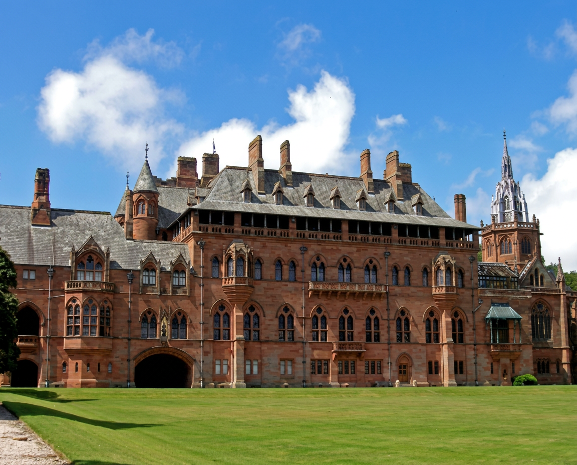The red sandstone Gothic front of Mount Stuart House above its lawn