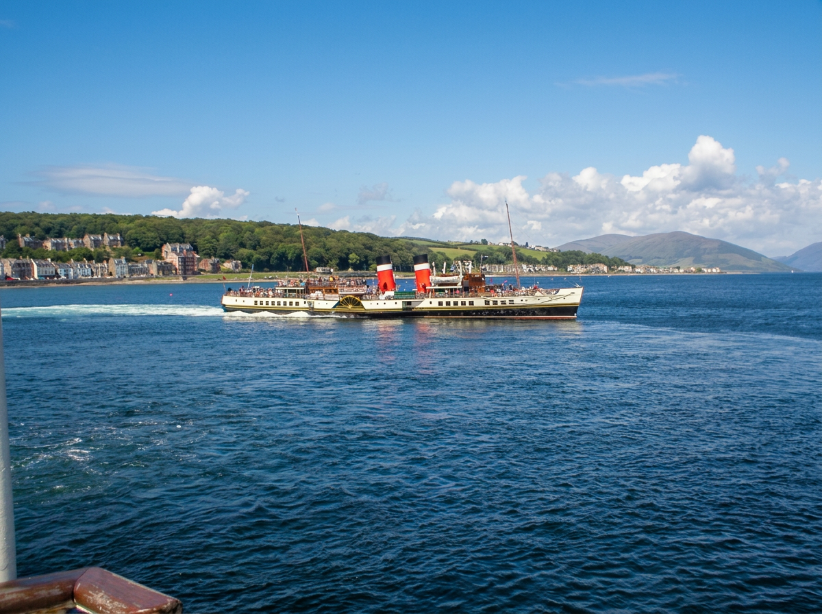 The paddle steamer Waverley passing Rothesay Bay on the Firth of Clyde