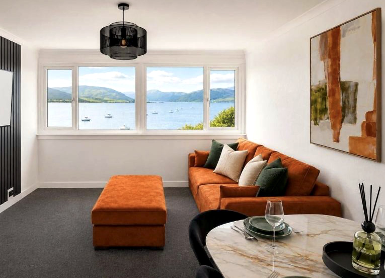 Sea-view living room at Bayview at the Port, Port Bannatyne