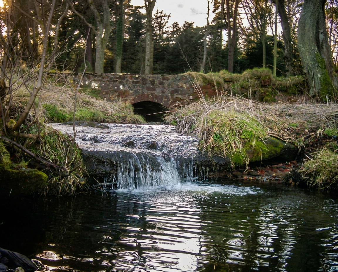 A small waterfall under an old stone bridge in Bute woodland