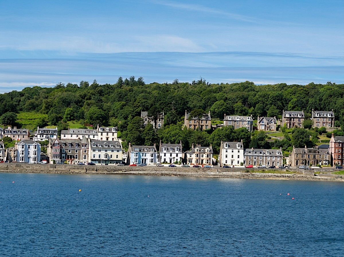 Rothesay's Victorian seafront terraces seen from the Firth of Clyde