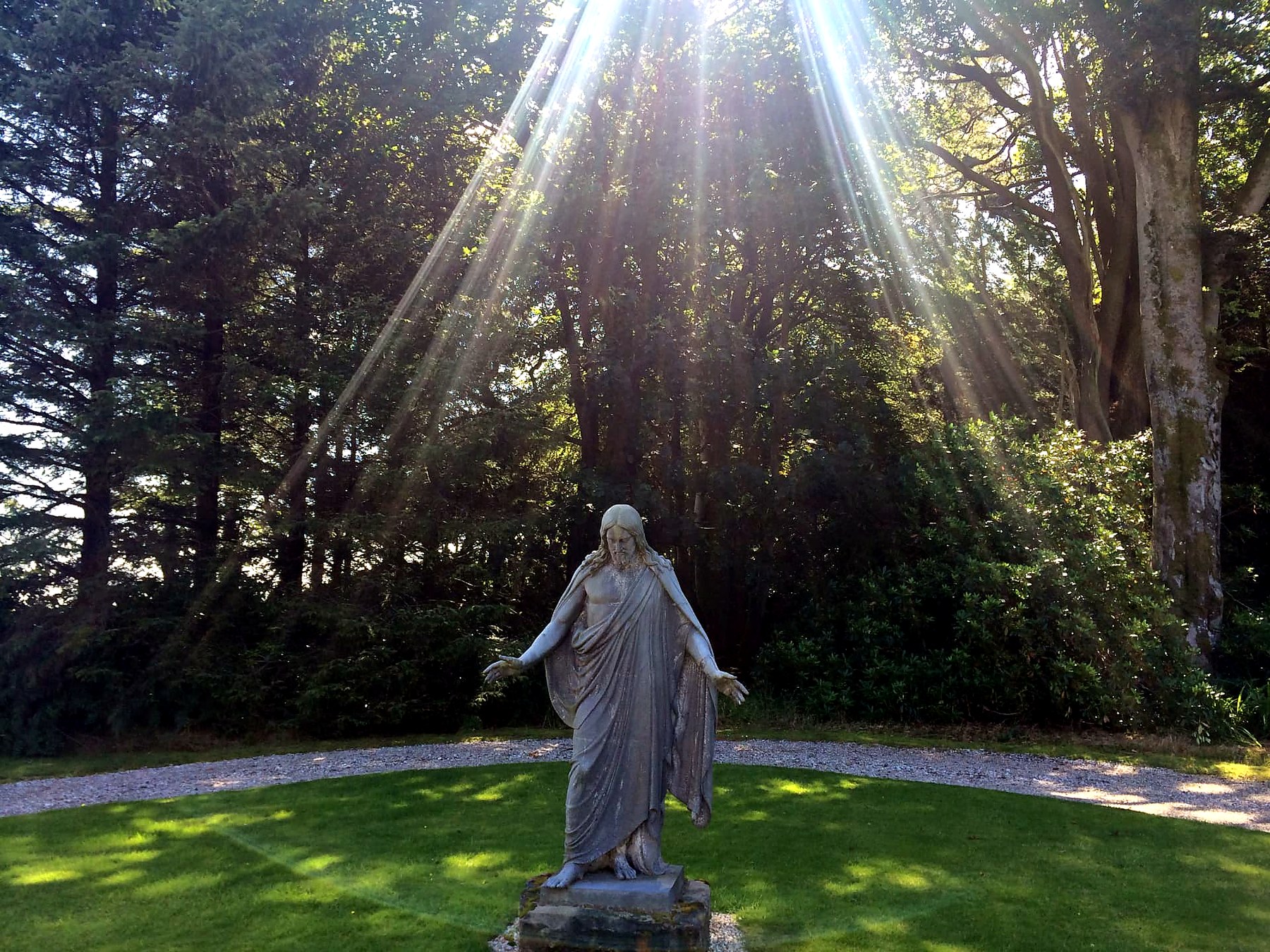 Sunbeams breaking through tall cedars over the Christ statue on the Mount Stuart estate, Isle of Bute