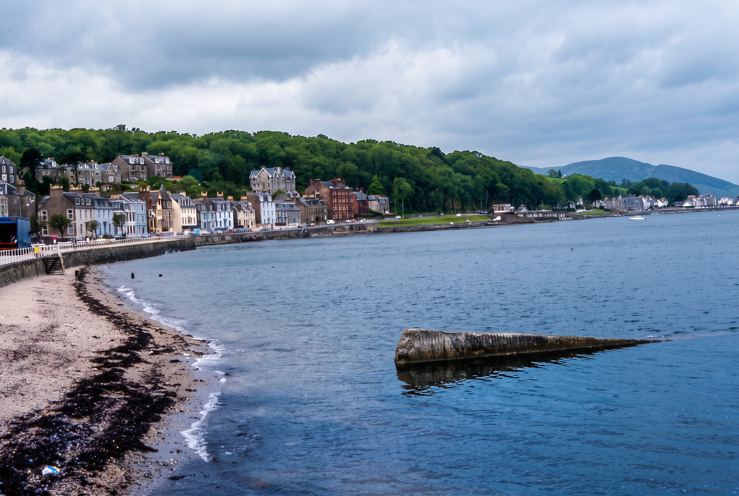 Rothesay's shoreline and terraces on a grey spring day