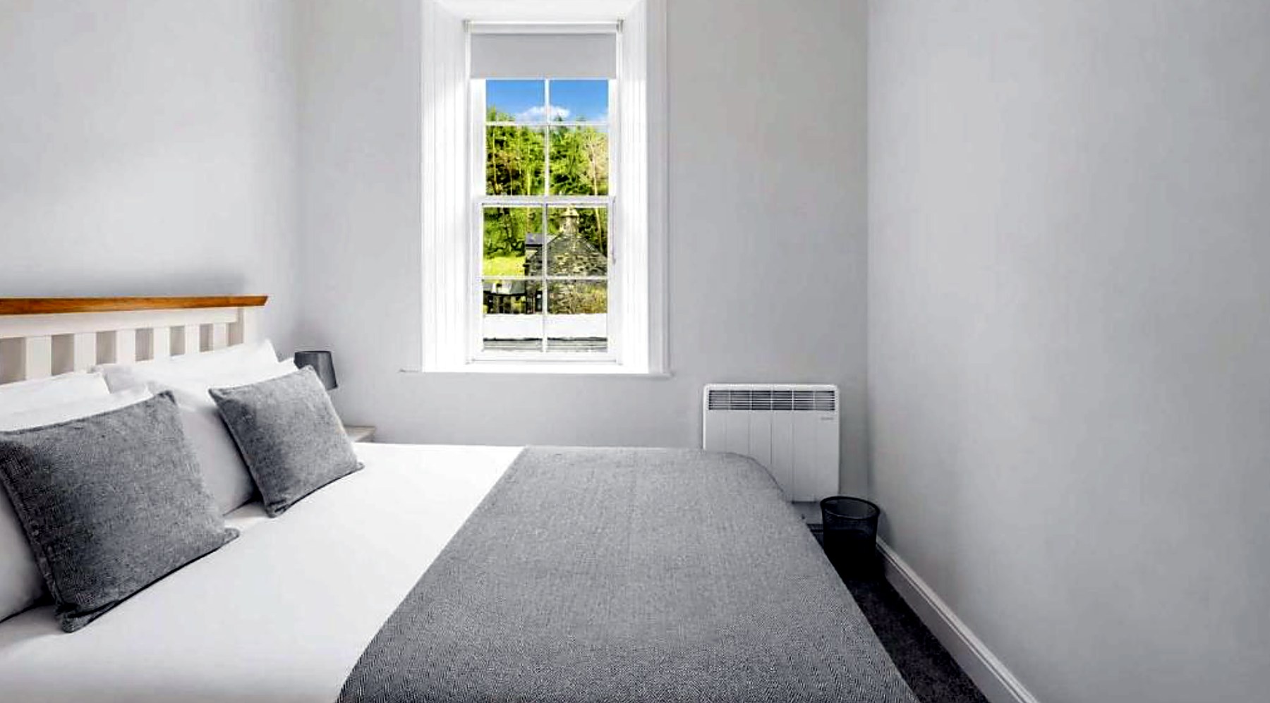 Rear double bedroom at Govandale Seaviews with a sash window looking onto trees