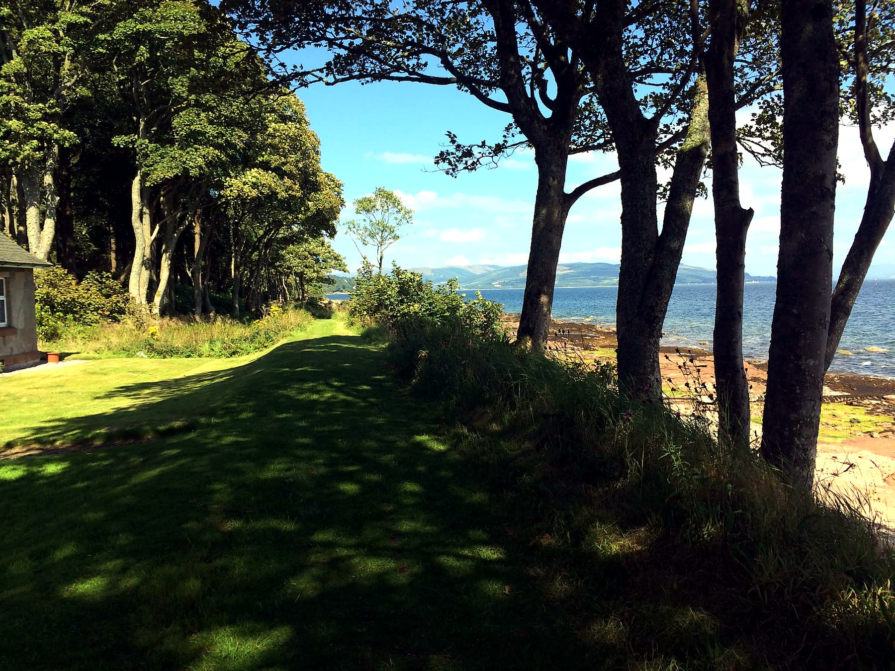 The grassy shore path on the Mount Stuart estate, Isle of Bute, running under beech trees beside the Firth of Clyde