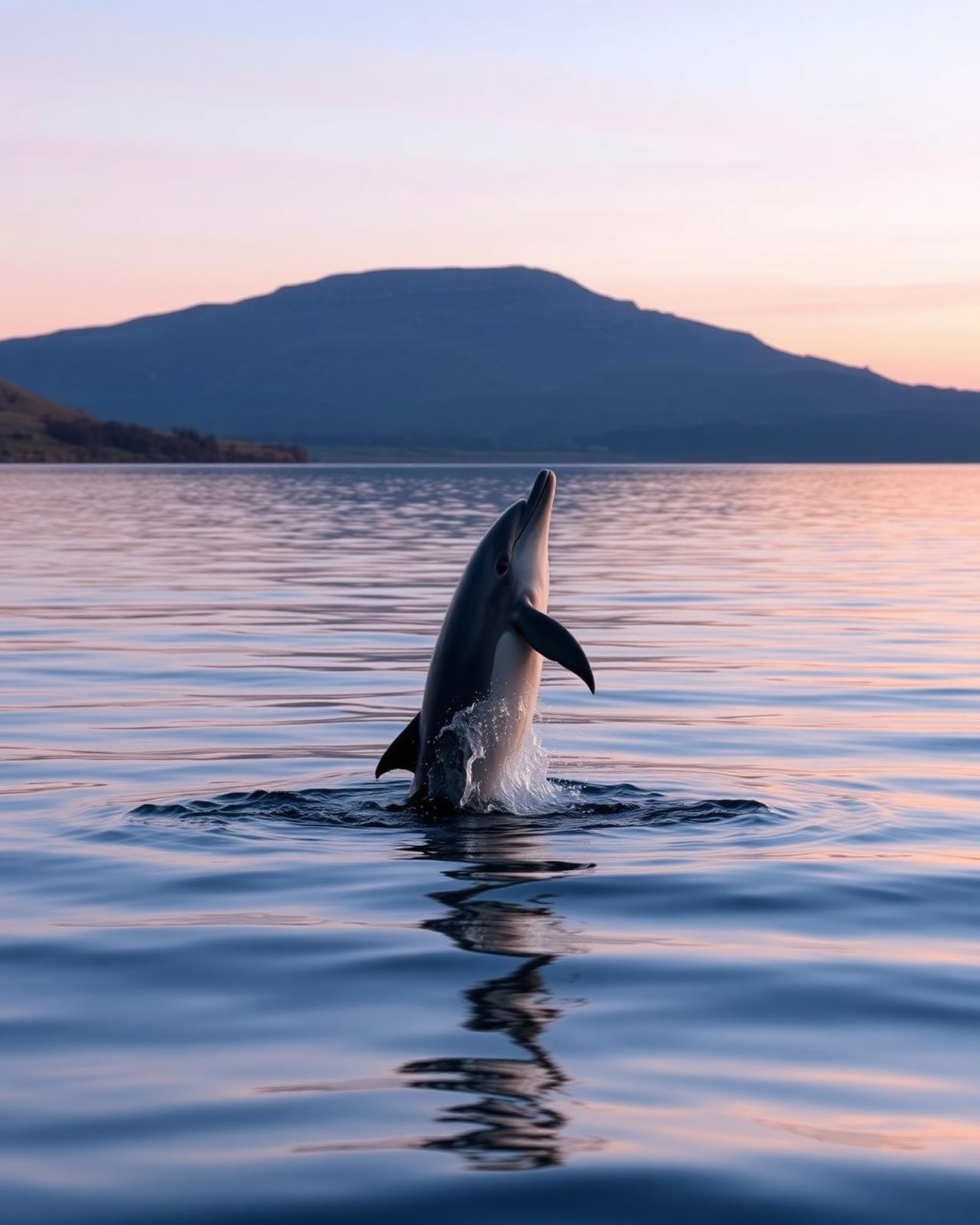 A dolphin breaches in the Firth of Clyde at dusk